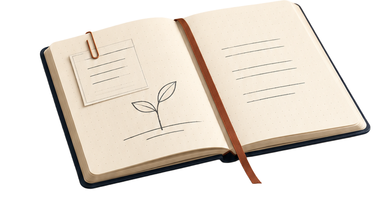 An open notebook with a small growing plant sketched on the page, ready to return to.