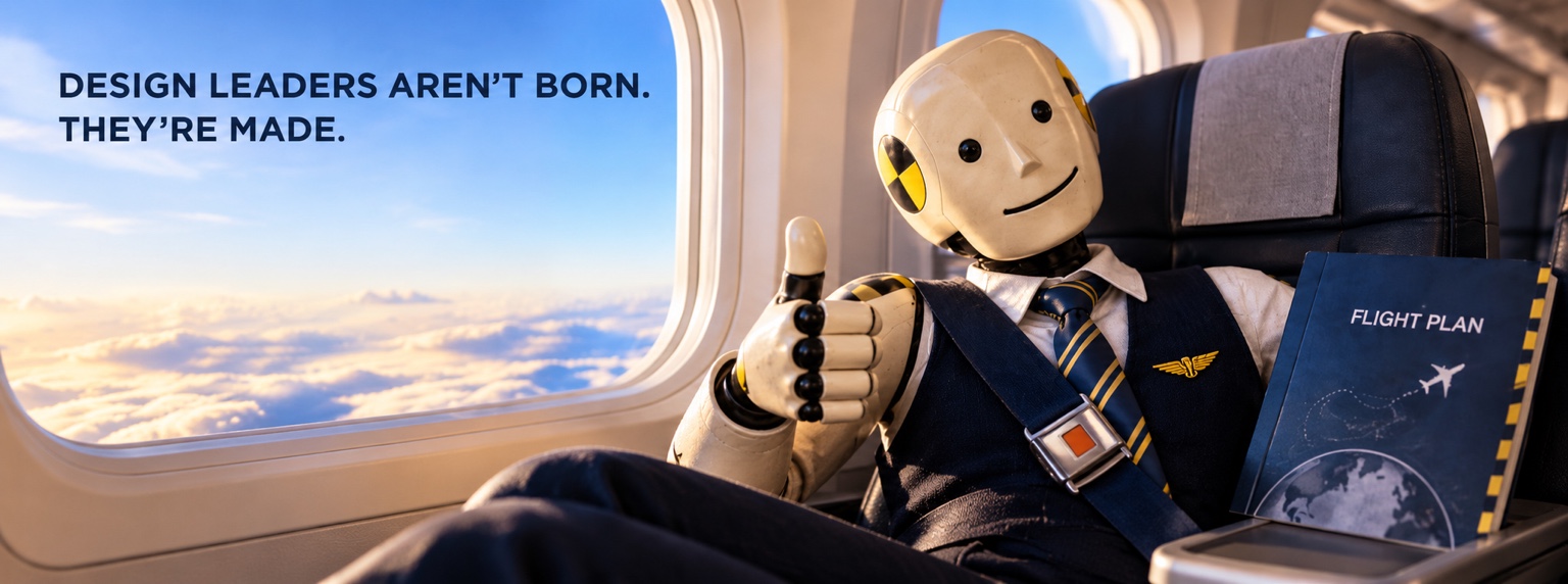 The Seatbelt Sales character sits by an airplane window holding The Flight Plan booklet. The original artwork reads: Design leaders aren’t born. They’re made.