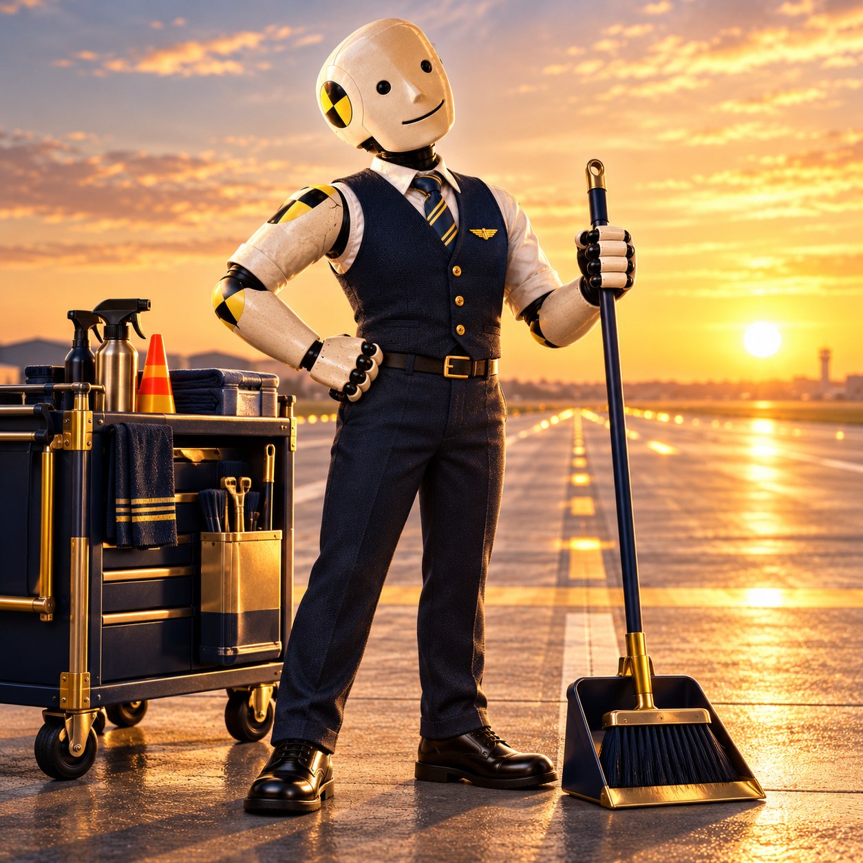 Professionally dressed cream crash-test salesman stands with a broom, dustpan and cleaning trolley on a runway at sunset.