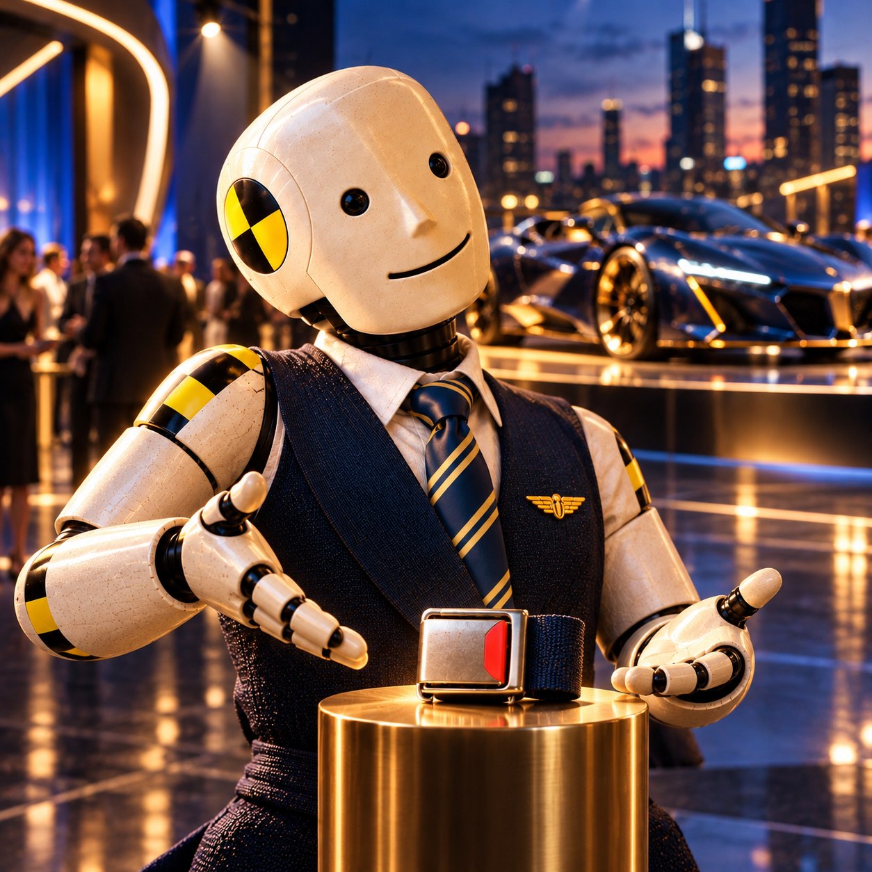 Cream crash-test salesman with striped tie and wing insignia waits with open palms beside a buckle on a brass pedestal at a motor show, with sports cars and visitors behind him.