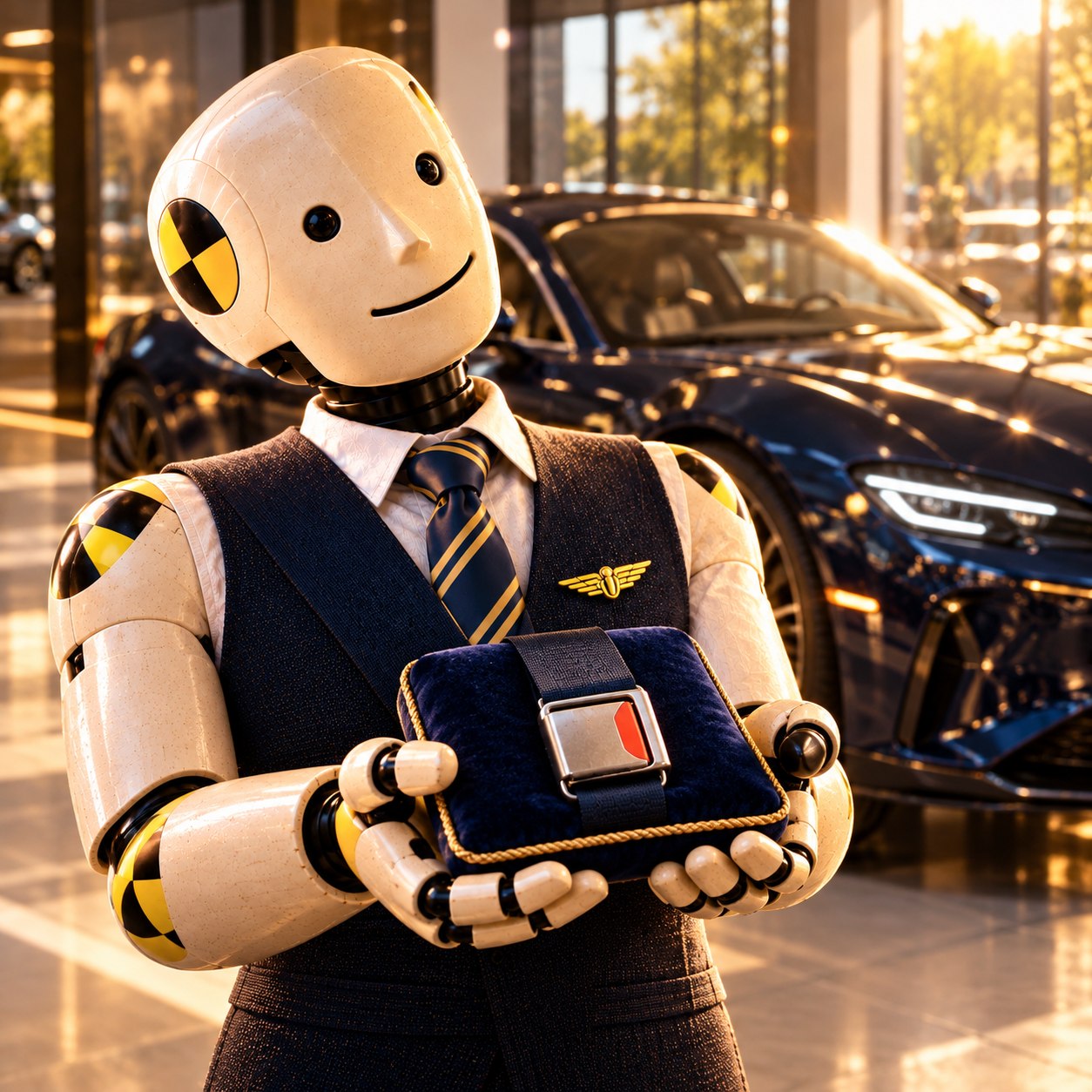 Cream crash-test salesman in a navy vest, white shirt, striped tie and wing insignia presents a seatbelt buckle on a velvet cushion beside a sports car in a sunlit dealership.