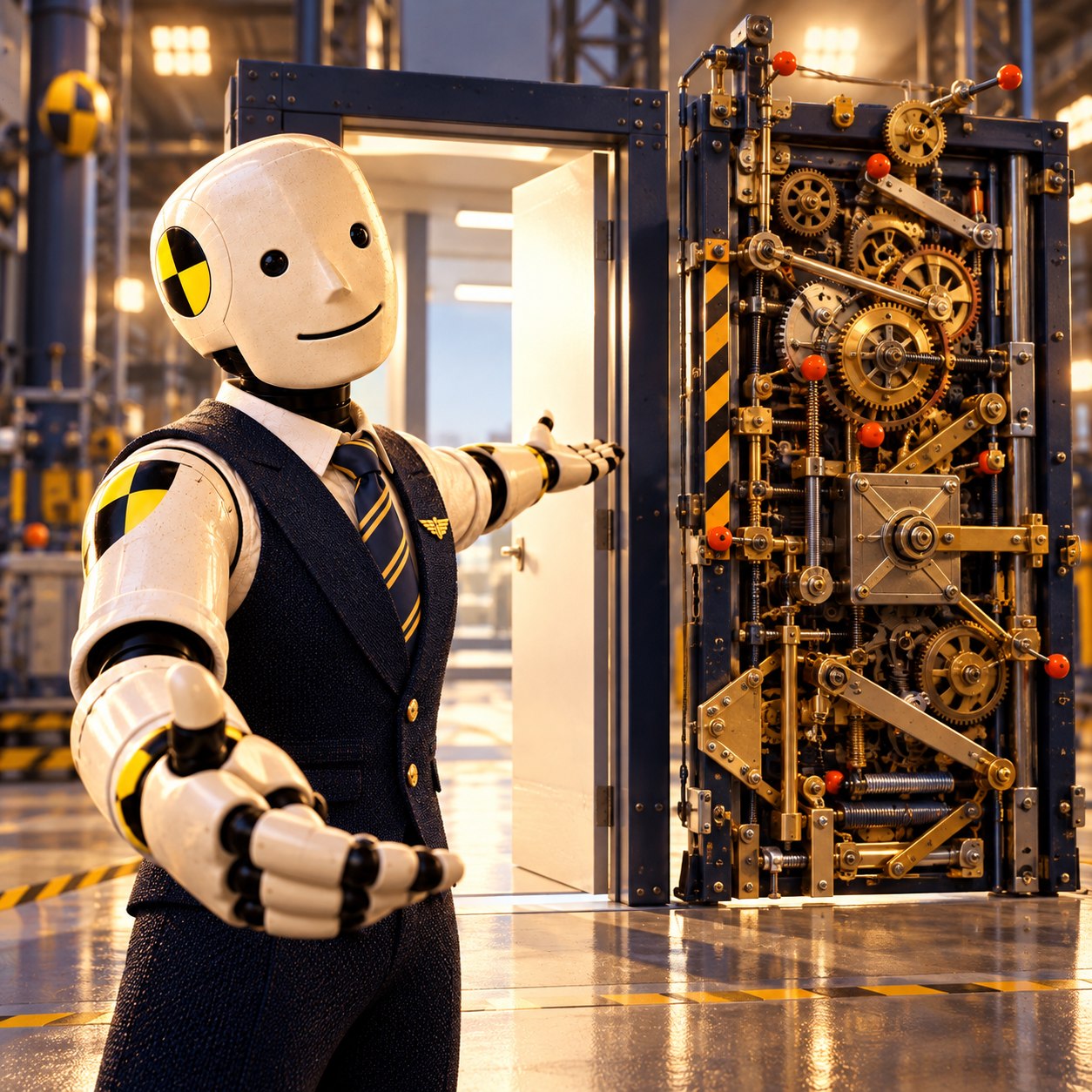 Cream crash-test salesman opens his hands beside a door fitted with an absurdly elaborate exposed brass mechanism in a testing laboratory.