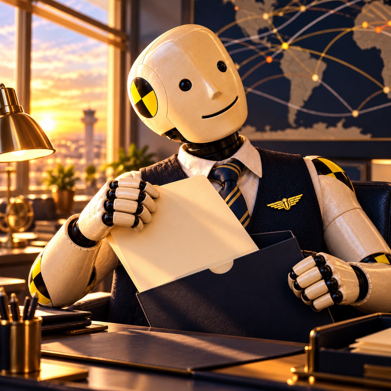 Cream crash-test salesman studies a blank sheet from a navy folder at a dispatch desk, with a route map and control tower behind him.