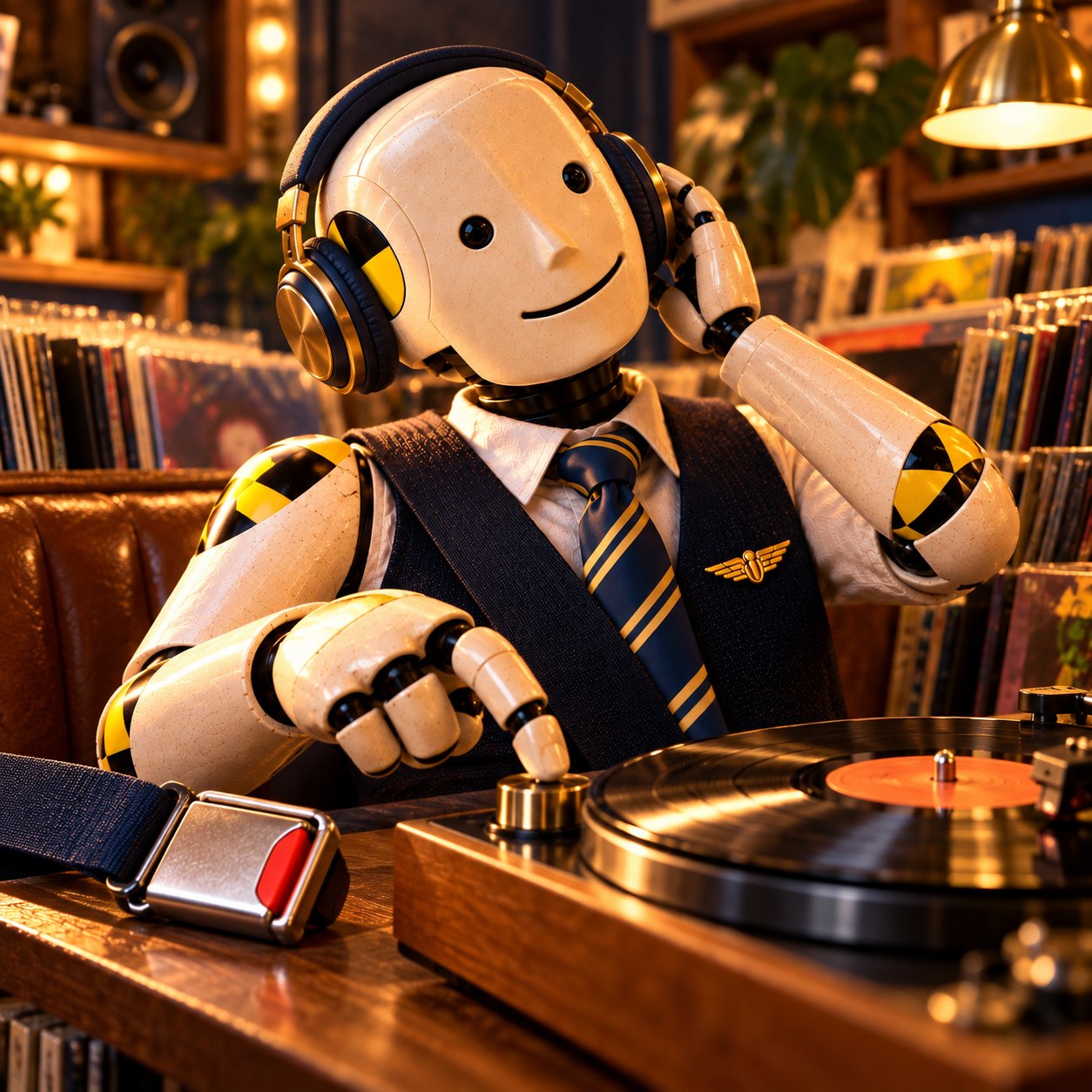 Cream crash-test salesman wearing headphones listens beside a turntable, with a seatbelt buckle on the record-store counter.