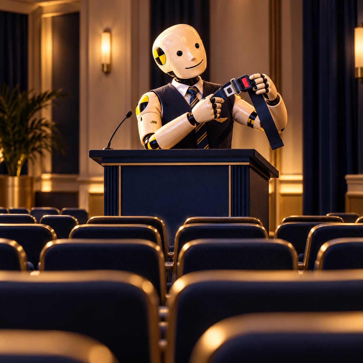 Professionally dressed cream crash-test salesman demonstrates a belt from a navy lectern facing rows of empty chairs in a warmly lit hall.