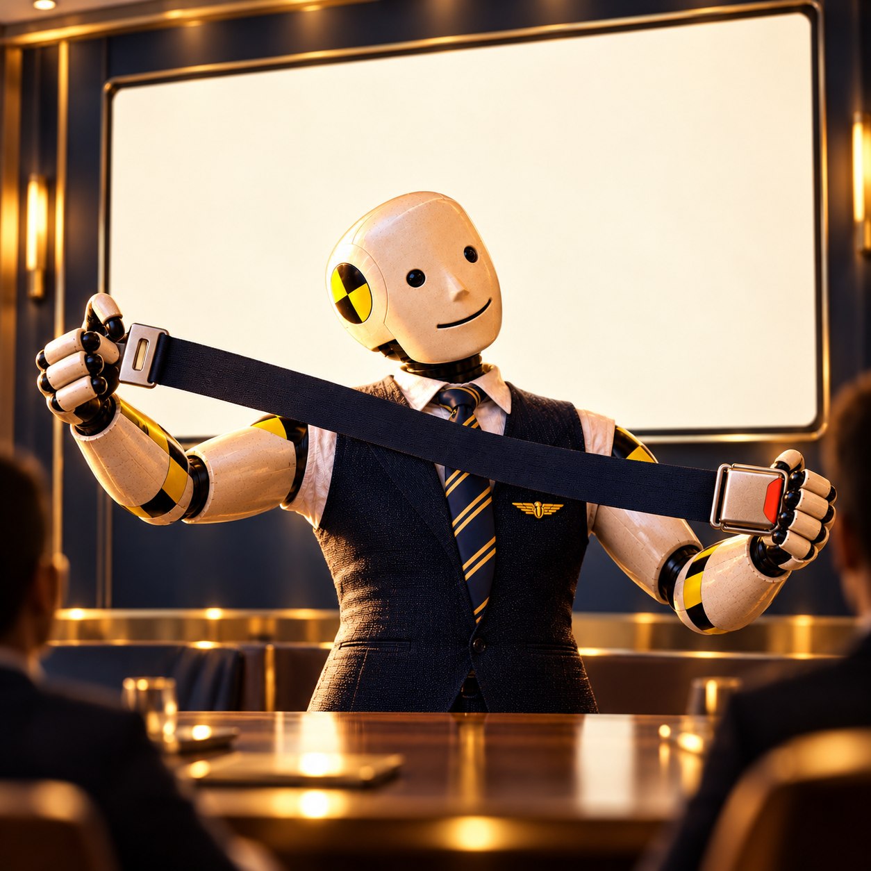 Cream crash-test salesman in his navy vest stretches a plain seatbelt across an imposing boardroom table beneath a blank presentation screen.