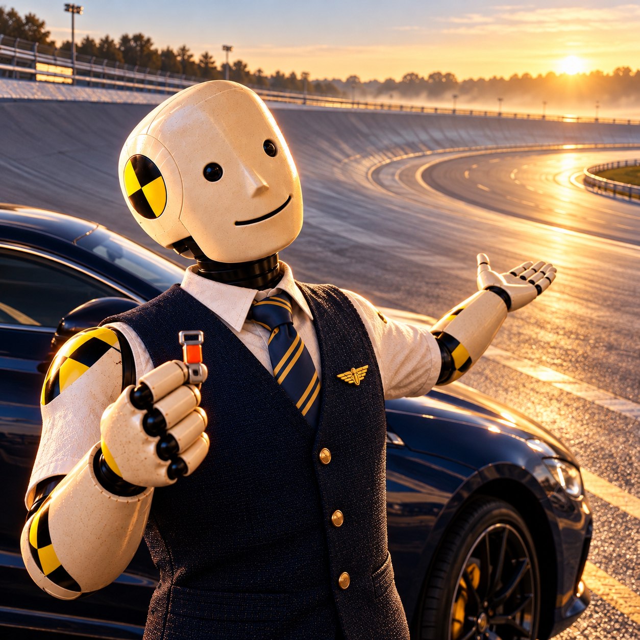 Cream crash-test salesman in a navy vest holds a belt fitting and gestures beside a sports car at a sunlit test track.