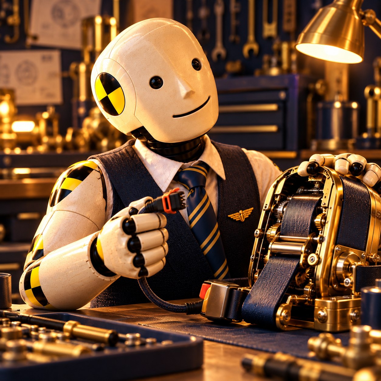 Cream crash-test salesman in vest and striped tie holds a fitting beside an elaborate brass belt mechanism on a workshop bench.