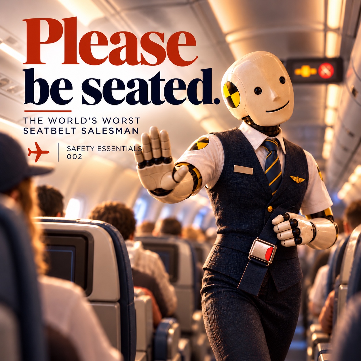 Original Please Be Seated artwork: the crash-test salesman in a navy vest, white shirt and striped tie gestures toward a seat in an airplane cabin.