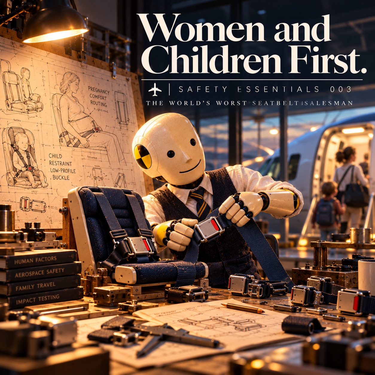 Original Women and Children First artwork: the cream crash-test salesman examines safety restraints at a warmly lit engineering workshop bench.